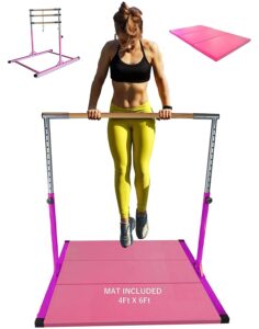 x-factor 5 ft horizontal bar athletic teens adjustable gymnastics children junior training kip bars purple with 4' x 6' gymnastic mat set