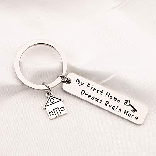 FEELMEM New Home Keychain My First Home Dreams Begin Here Keychain First Home Gift Realtor Gift Key Chain Housewarming Gift for New Home Owner (silver)