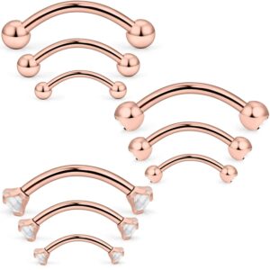 SCERRING 9PCS 16G Stainless Steel Eyebrow Tragus Helix Rook Daith Earrings Belly Lip Ring Clear Cubic Zirconia Barbell Body Piercing Jewelry 6mm 8mm 10mm Rose Gold