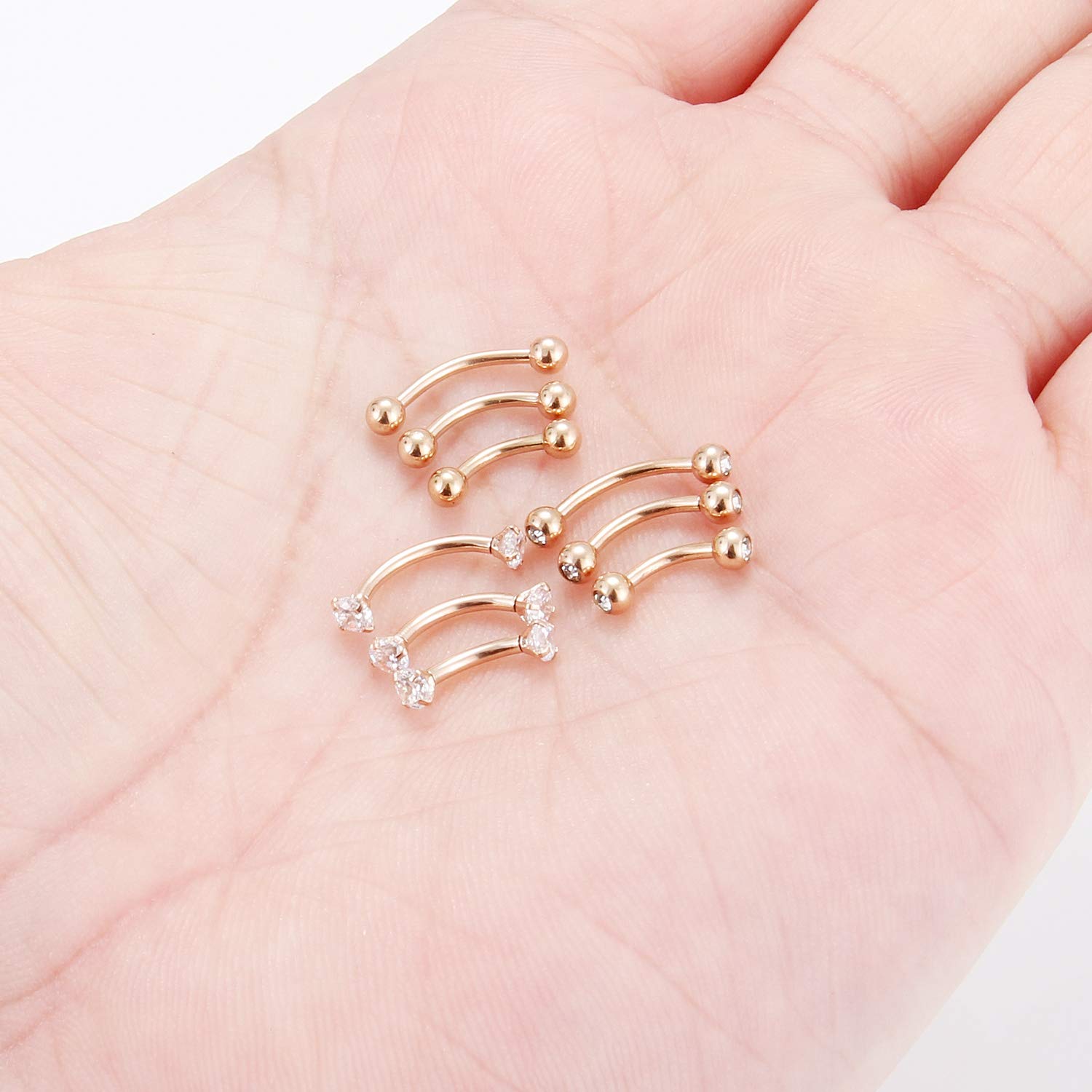 SCERRING 9PCS 16G Stainless Steel Eyebrow Tragus Helix Rook Daith Earrings Belly Lip Ring Clear Cubic Zirconia Barbell Body Piercing Jewelry 6mm 8mm 10mm Rose Gold