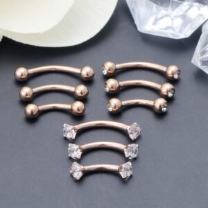 SCERRING 9PCS 16G Stainless Steel Eyebrow Tragus Helix Rook Daith Earrings Belly Lip Ring Clear Cubic Zirconia Barbell Body Piercing Jewelry 6mm 8mm 10mm Rose Gold