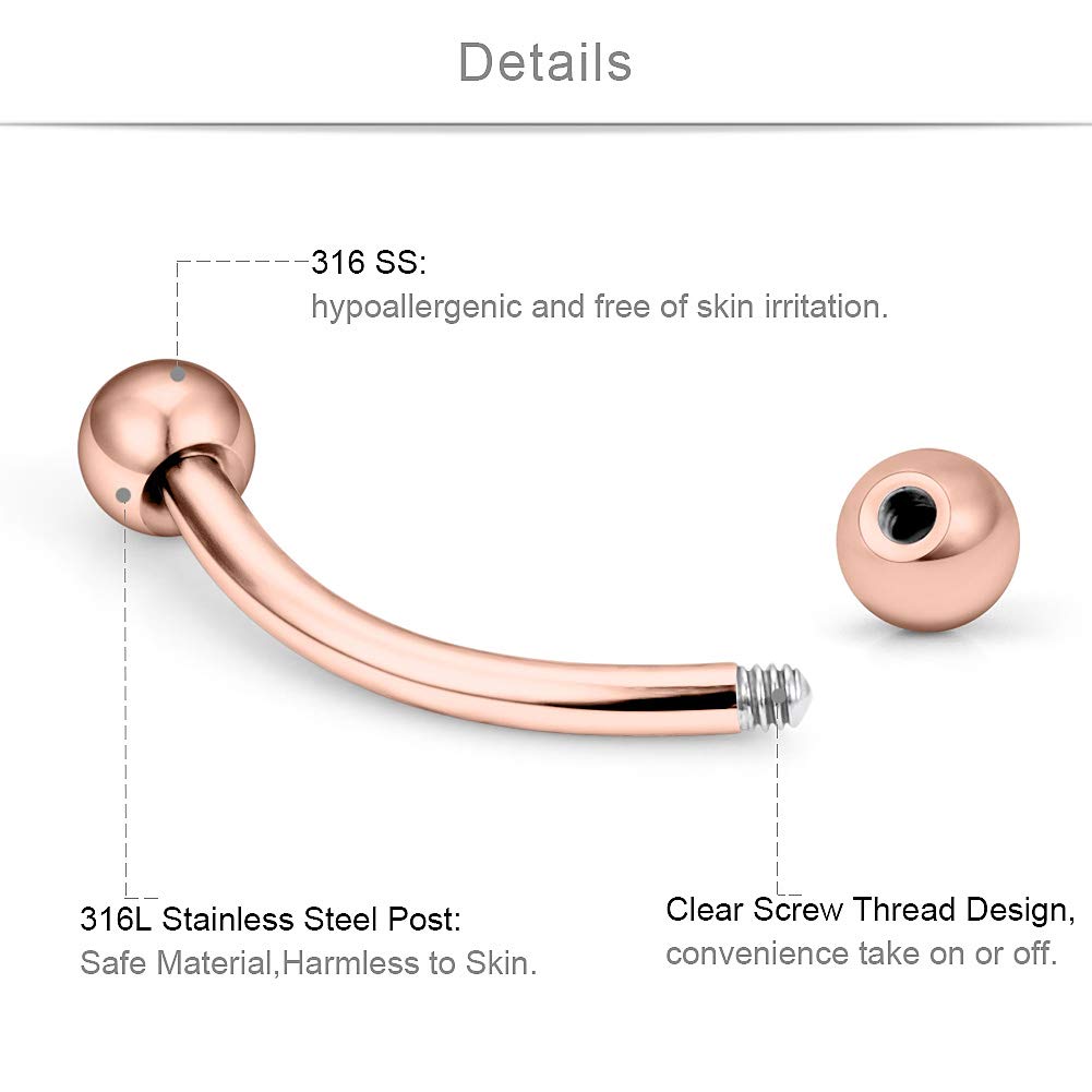 SCERRING 9PCS 16G Stainless Steel Eyebrow Tragus Helix Rook Daith Earrings Belly Lip Ring Clear Cubic Zirconia Barbell Body Piercing Jewelry 6mm 8mm 10mm Rose Gold