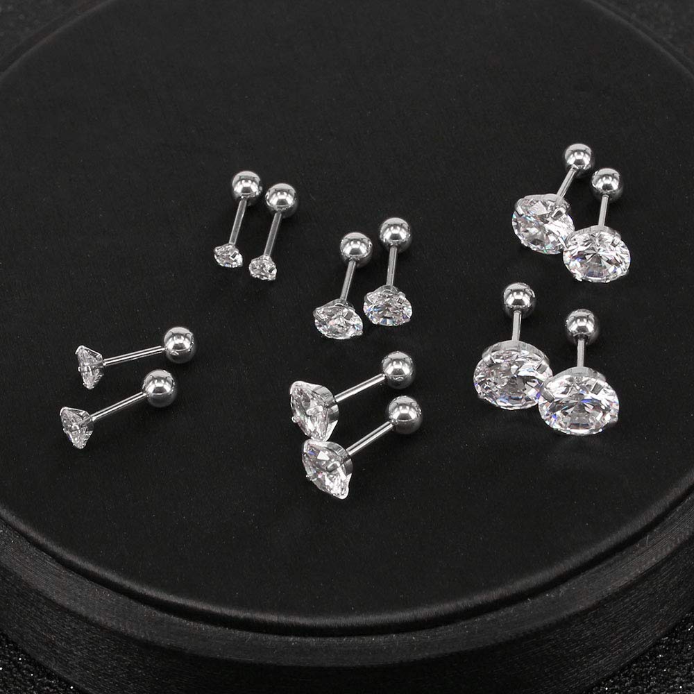 6 Pairs Shiny Round Cubic Zirconia Surgical Steel Stud Earrings Tragus Helix Conch Piercing Cartilage Sets