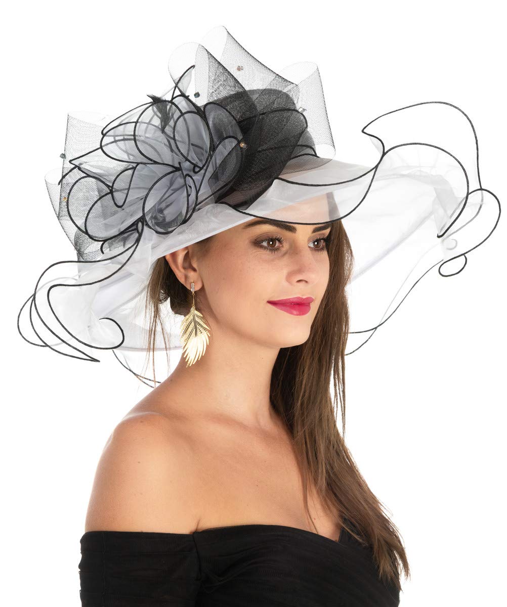 Women's Organza Church Kentucky Derby British Fascinator Bridal Tea Party Wedding Hat Summer Ruffles Cap（HL-White Black Line）