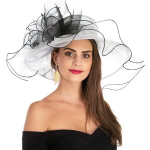 Women's Organza Church Kentucky Derby British Fascinator Bridal Tea Party Wedding Hat Summer Ruffles Cap（HL-White Black Line）