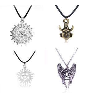 fineder 4 pack supernatural necklace dean winchester mask pendant necklace, supernatural merchandise jewelry gifts