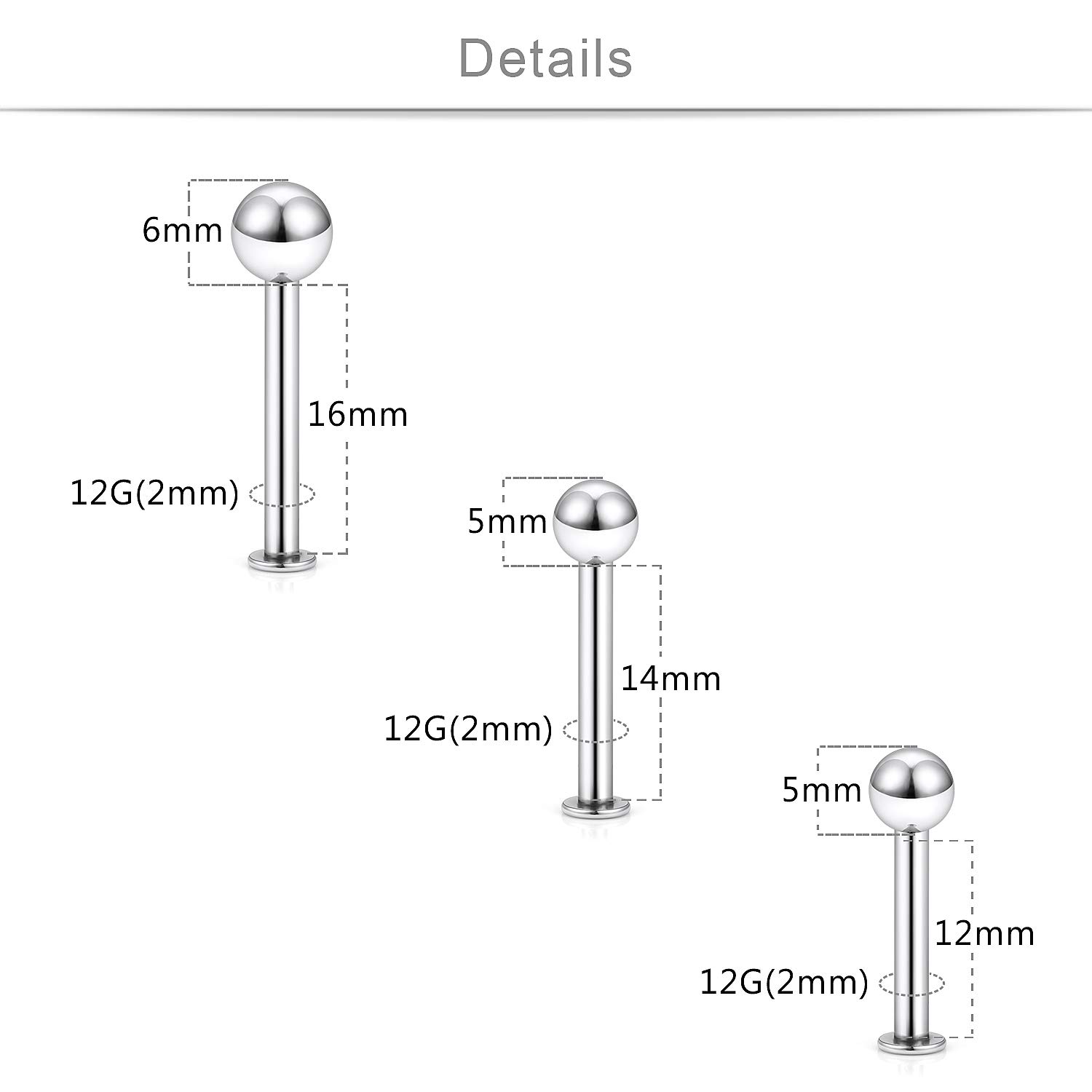 SCERRING 18PCS 12g Stainless Steel Balls Labret Monroe Lip Cheek Tragus Cartilage Helix Earring Ring Body Piercing Jewelry 12-16mm - Mix Color