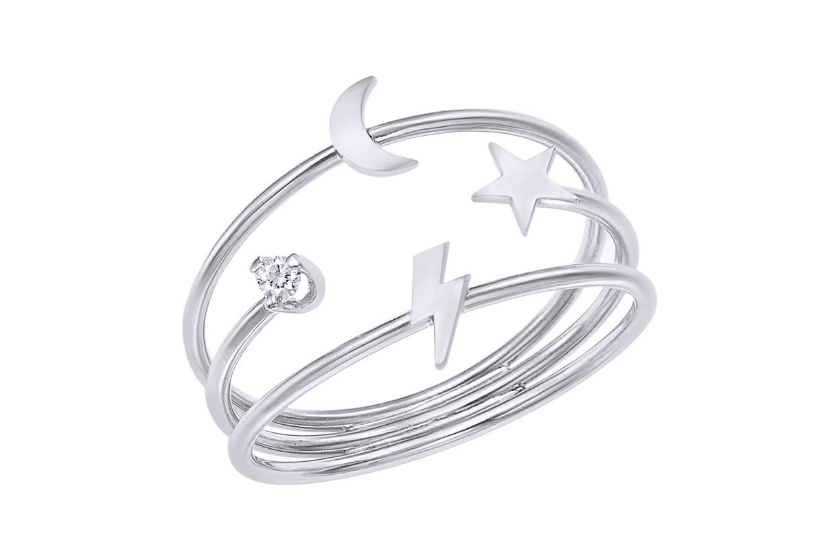 Samaira Jewelry Natural Diamond Accent Dainty Lightning Bolt, Moon & Star Three-Band Ring in 14k White Gold Plated 925 Sterling Silver Ring (0.04 Cttw, I-J Color, I2-I3 Clarity) Size-6