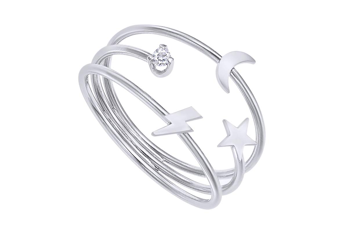 Samaira Jewelry Natural Diamond Accent Dainty Lightning Bolt, Moon & Star Three-Band Ring in 14k White Gold Plated 925 Sterling Silver Ring (0.04 Cttw, I-J Color, I2-I3 Clarity) Size-6