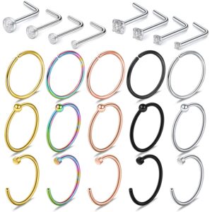 SCERRING 23PCS 22 Gauge Nose Rings Hoop Stainless Steel L Shaped Clear CZ Nose Studs Cartilage Daith Tragus Ear Piercing Ring Hoop Body Jewelry Set