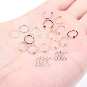 SCERRING 23PCS 22 Gauge Nose Rings Hoop Stainless Steel L Shaped Clear CZ Nose Studs Cartilage Daith Tragus Ear Piercing Ring Hoop Body Jewelry Set