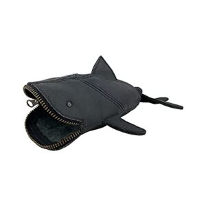 hide & drink, zippered coin pouch, shark shaped case, stuffed animal, bank, change bag, pencil purse, shark shaped cable holder, full grain leather, handmade wallet, charcoal black