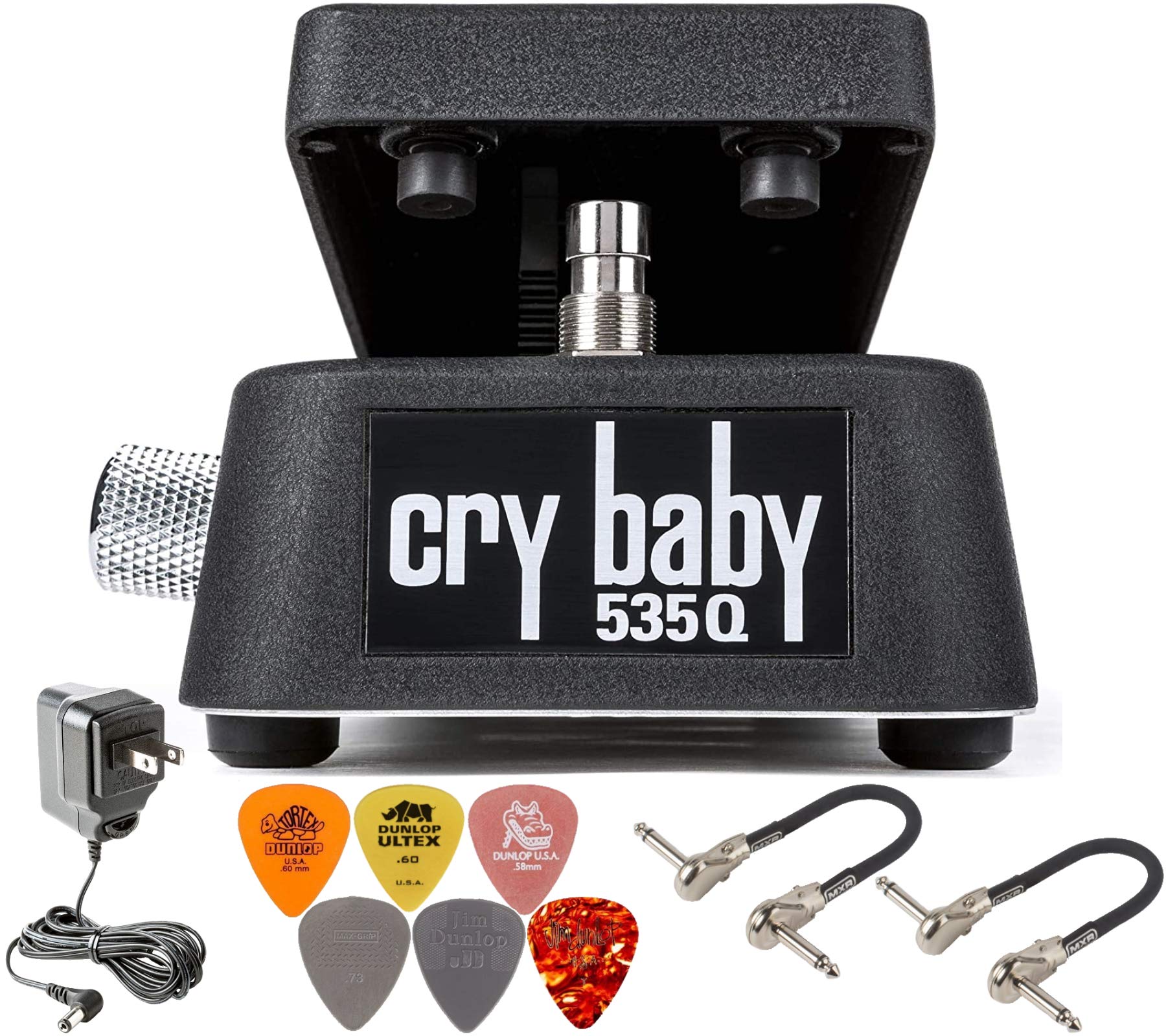 Dunlop 535Q Cry Baby Multi-Wah Pedal Bundle with 2 MXR Patch Cables, Dunlop ECB003 Power Supply, and 6 Assorted Dunlop Picks