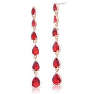 red cz linear earrings for women sterling silver teardrop cubic zirconia crystal rhinestone bridal dangle drop post earrings for wedding prom party