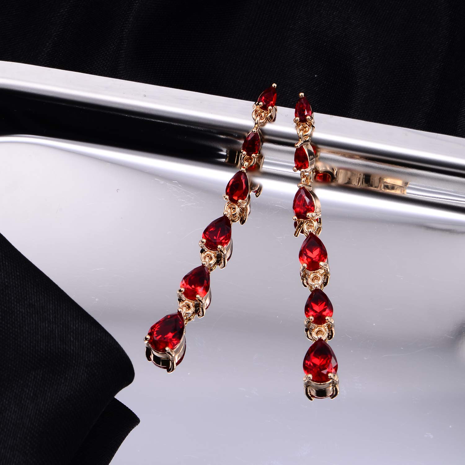 Red CZ Linear Earrings for Women Sterling Silver Teardrop Cubic Zirconia Crystal Rhinestone Bridal Dangle Drop Post Earrings for Wedding Prom Party