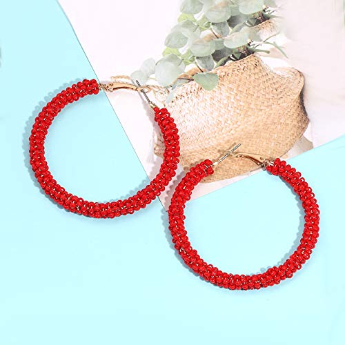 CEALXHENY Beaded Hoop Earrings for Women Mixed Color Bead Dangle Earrings Bohemia Hoop Dangle Earring Studs for Women (B Red)