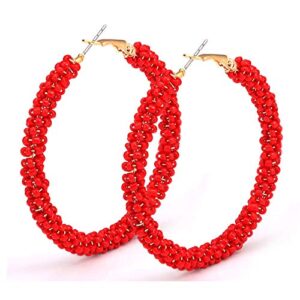 CEALXHENY Beaded Hoop Earrings for Women Mixed Color Bead Dangle Earrings Bohemia Hoop Dangle Earring Studs for Women (B Red)