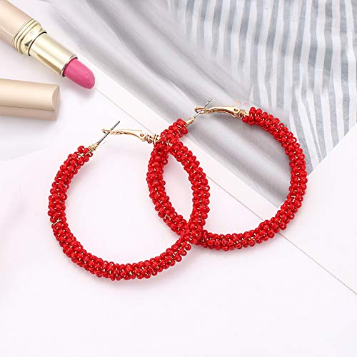 CEALXHENY Beaded Hoop Earrings for Women Mixed Color Bead Dangle Earrings Bohemia Hoop Dangle Earring Studs for Women (B Red)