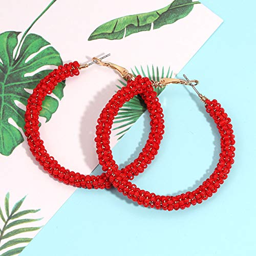 CEALXHENY Beaded Hoop Earrings for Women Mixed Color Bead Dangle Earrings Bohemia Hoop Dangle Earring Studs for Women (B Red)