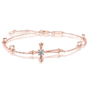 cross ankle bracelet for women, 925 sterling silver charm adjustable foot anklet, large cross bracelet (rose gold one cubic zirconia cross)