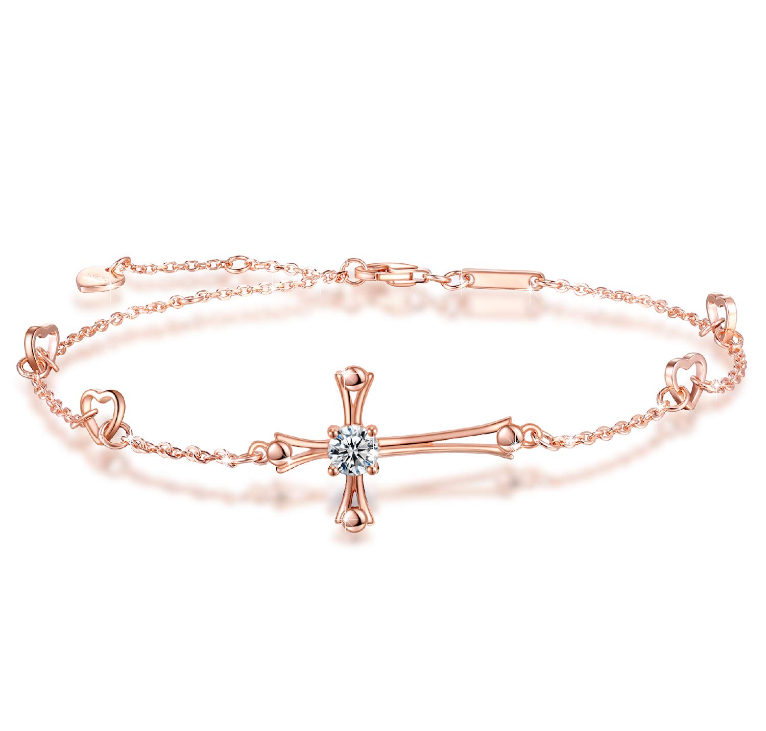 Cross Ankle Bracelet For Women, 925 Sterling Silver Charm Adjustable Foot Anklet, Large Cross Bracelet (Rose Gold One Cubic Zirconia Cross)