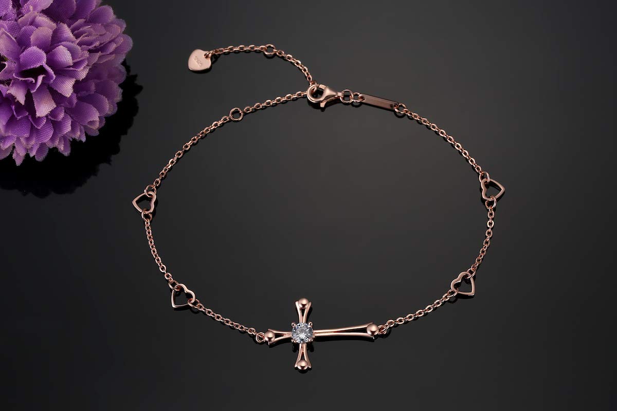 Cross Ankle Bracelet For Women, 925 Sterling Silver Charm Adjustable Foot Anklet, Large Cross Bracelet (Rose Gold One Cubic Zirconia Cross)