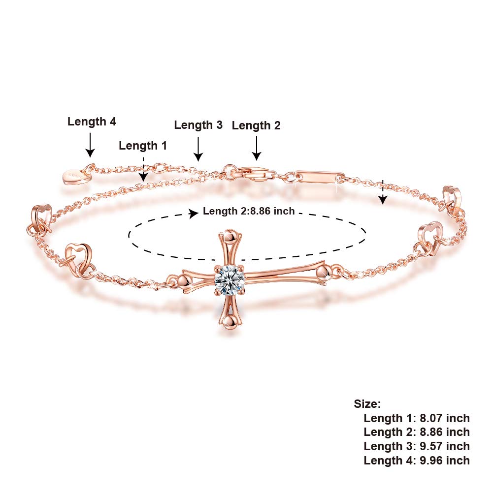 Cross Ankle Bracelet For Women, 925 Sterling Silver Charm Adjustable Foot Anklet, Large Cross Bracelet (Rose Gold One Cubic Zirconia Cross)