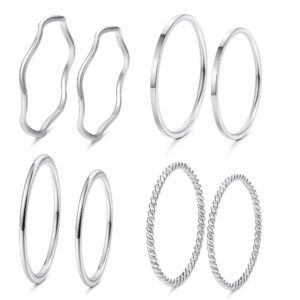 LOYALLOOK 8-14Pcs 1mm Stainless Steel Women's Plain Band Knuckle Stacking Midi Rings Comfort Fit Silver Tone