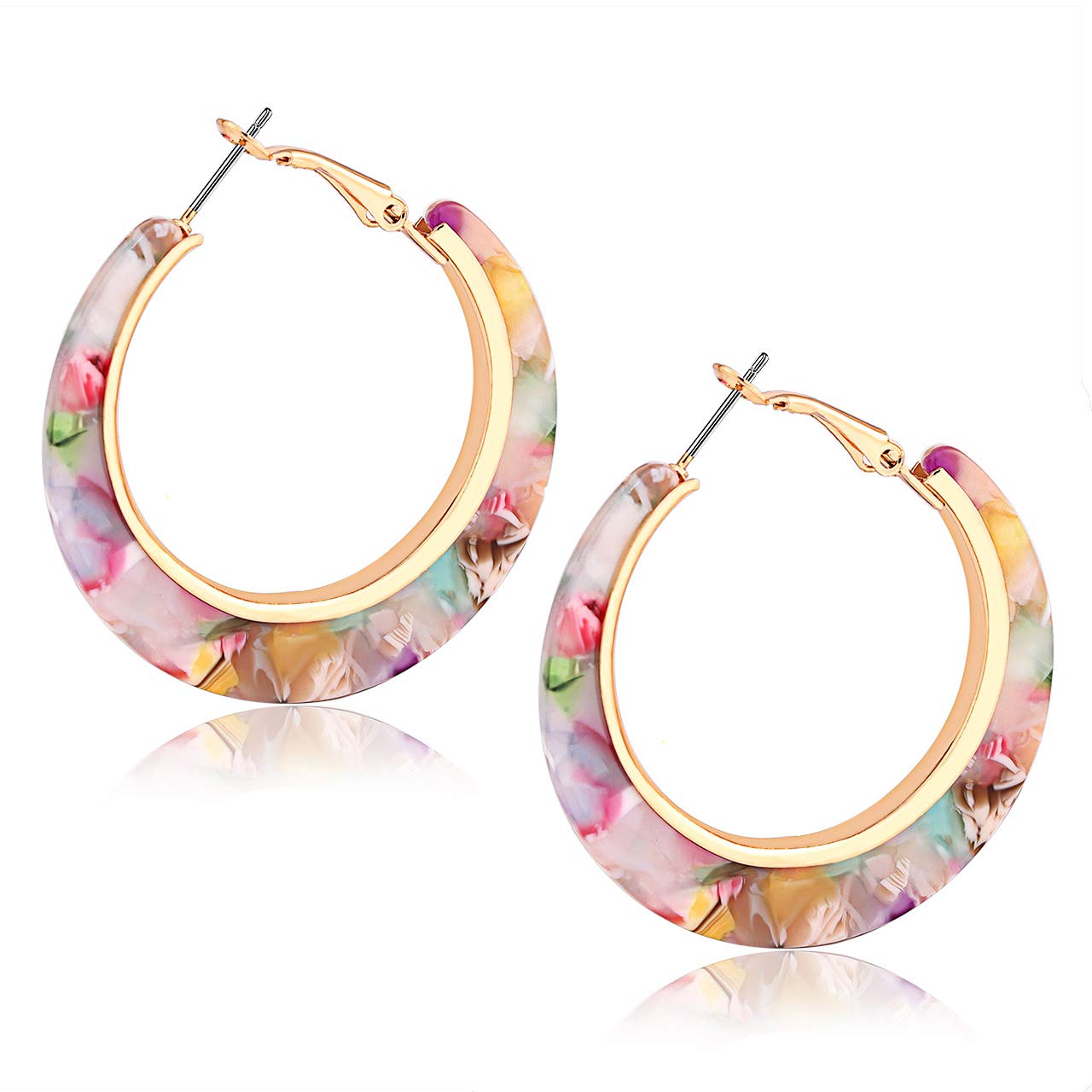 XOCARTIGE Acrylic Hoop Earrings for Women Tortoise Resin Earrings Bohemia Statement Dangle Earring Studs (Pink Flower)