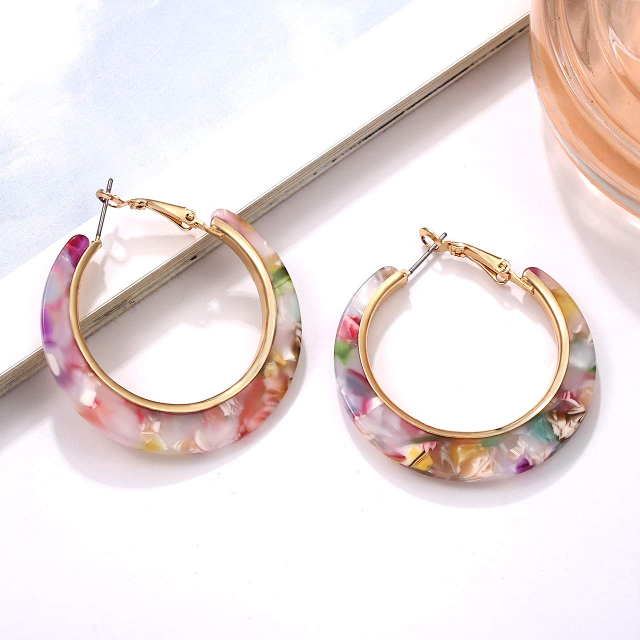 XOCARTIGE Acrylic Hoop Earrings for Women Tortoise Resin Earrings Bohemia Statement Dangle Earring Studs (Pink Flower)