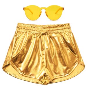 perfashion women's gold metallic shorts yoga sparkly hot summer drawstring outfit pairing with glasses