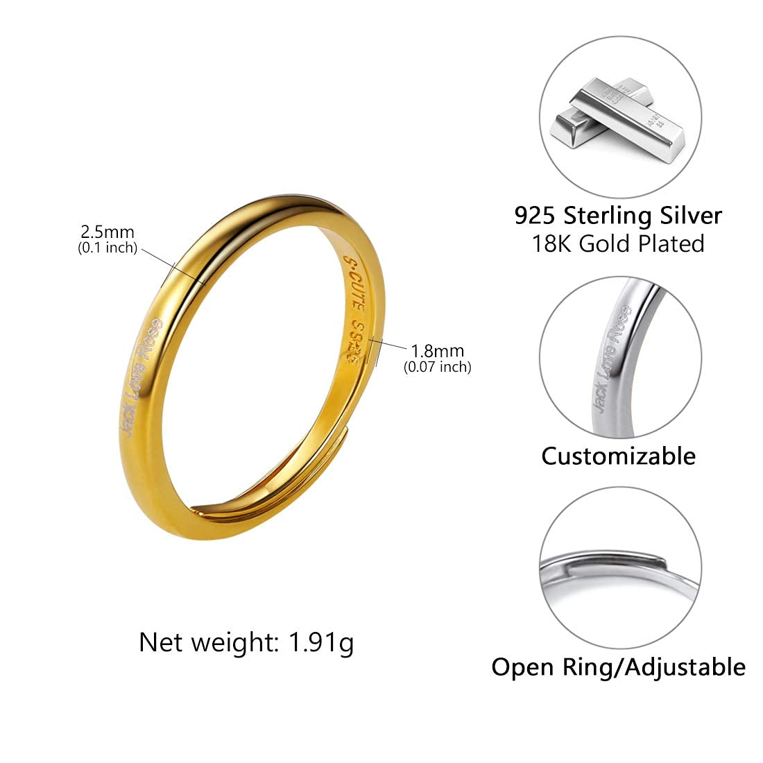 SILVERCUTE Wedding Band 18K Gold Plated Sterling Silver 2.5mm Wide Couple Rings for Men Women, Adjustable