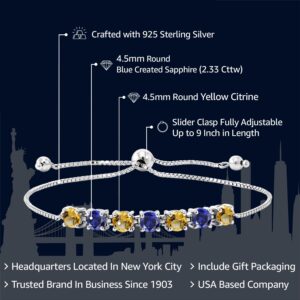 Gem Stone King 925 Sterling Silver Yellow Citrine and Blue Created Sapphire Tennis Bracelet For Women (2.33 Cttw, Round 4.5MM, Gemstone Birthstone, Fully Adjustable Up to 9 Inch)