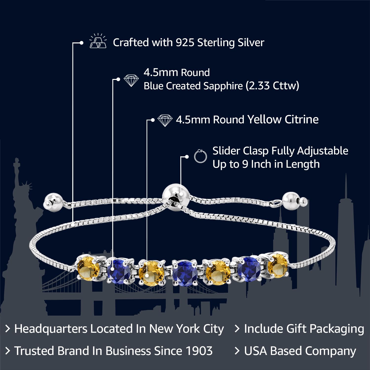 Gem Stone King 925 Sterling Silver Yellow Citrine and Blue Created Sapphire Tennis Bracelet For Women (2.33 Cttw, Round 4.5MM, Gemstone Birthstone, Fully Adjustable Up to 9 Inch)