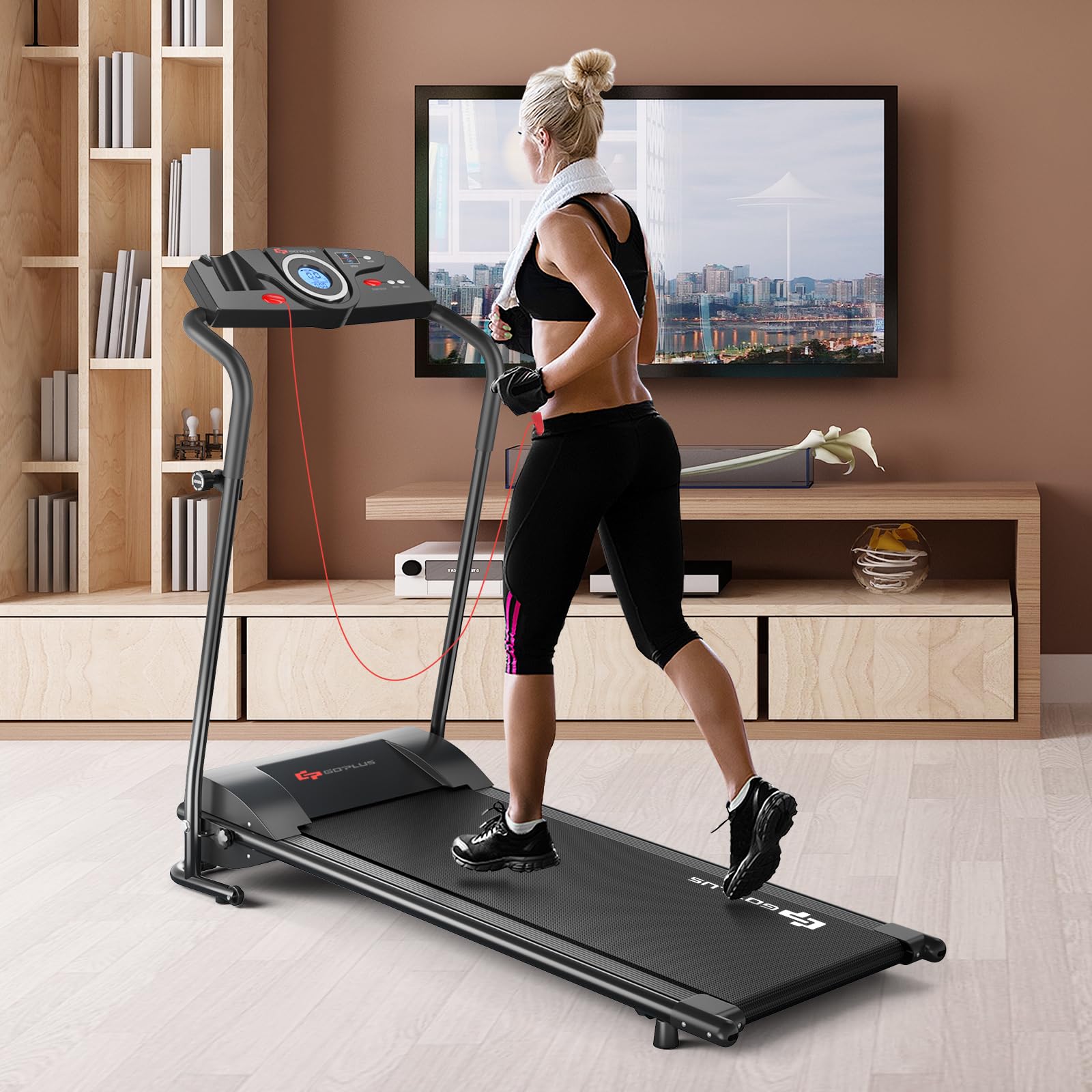 Goplus Compact Folding Treadmill for Home, Electric Walking Running Machine, Low Noise, Built-in 2 Workout Modes and 12 Programs, with Display