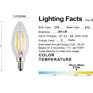 OPALRAY LED Candelabra LOW Voltage Bulb, DC 12V INPUT, 2W 200Lm, Dimmable, Warm White Light, E12 Candle Base, Clear Glass Torpedo Tip, 25W Incandescent Equivalent, 12-24V DC Power, 3 Pack