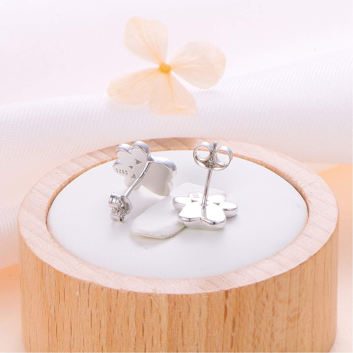 Ladytree S925 Sterling Silver Jewelry Puppy Dog Cat Pet Paw Print White Simulated Opal Stud Earrings