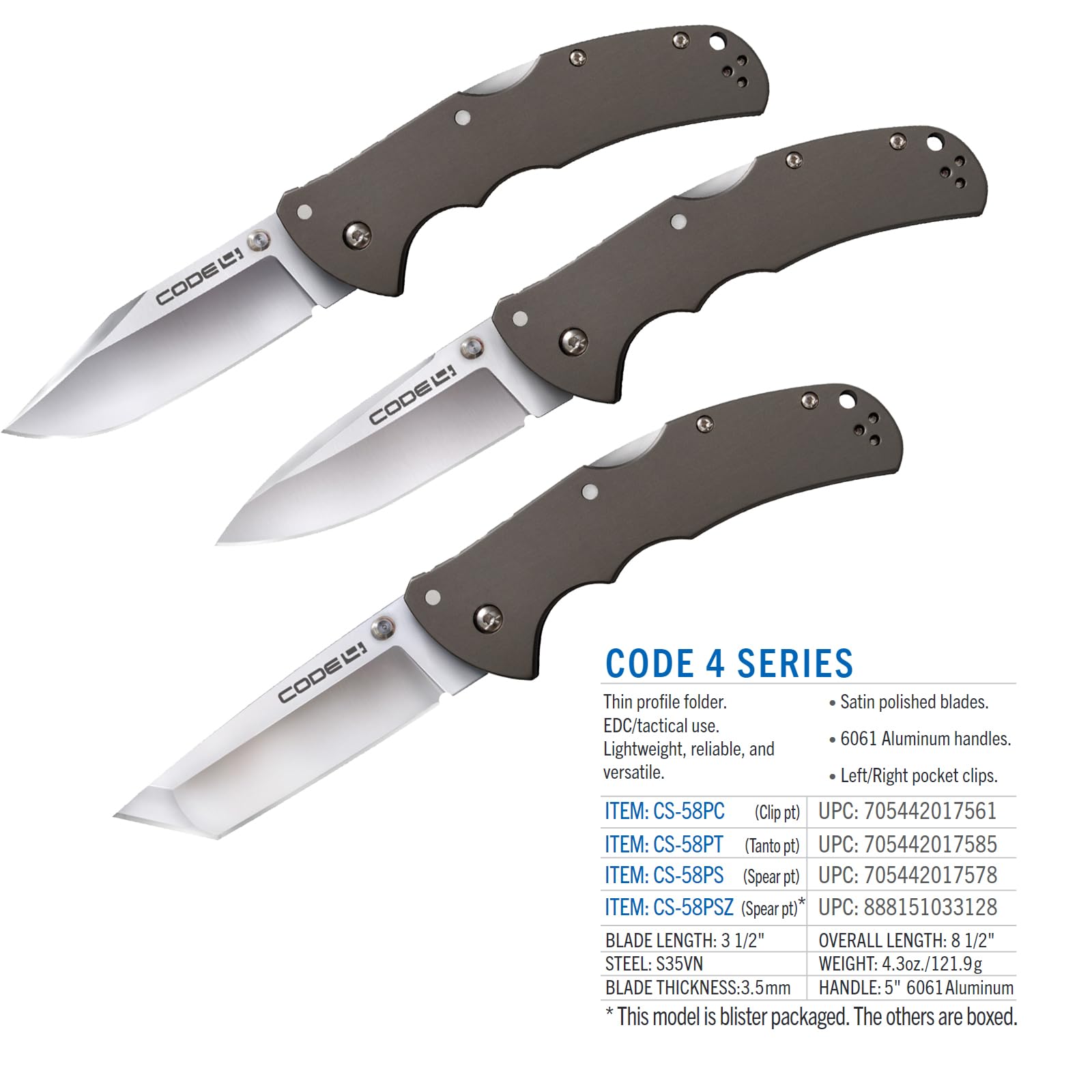 Cold Steel Code 4 3.5" S35VN Razor-Sharp Clip Point Blade 5" 6061 Aluminum HandleFolding Knife w/Tri-Ad Lock, Boxed