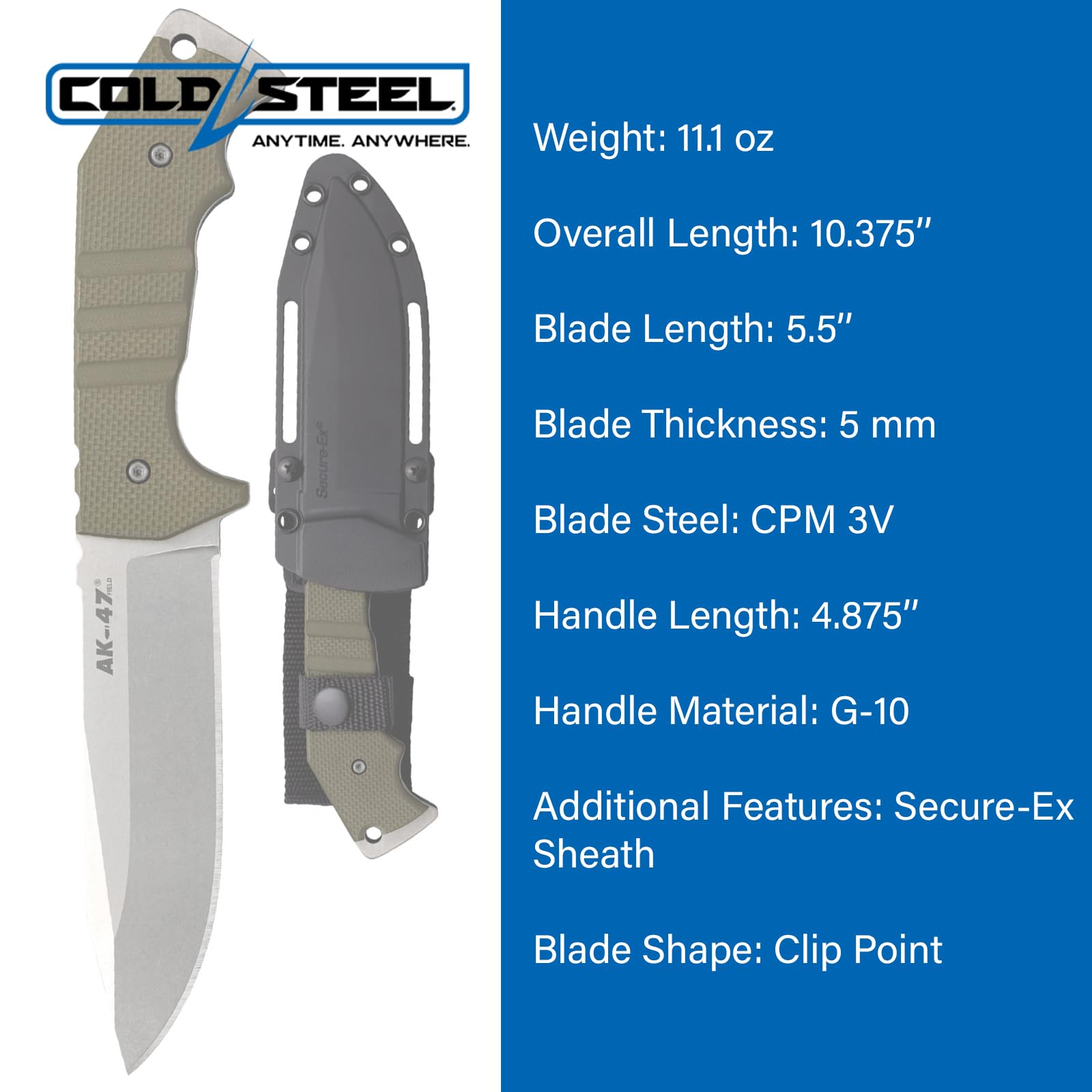 Cold Steel AK-47 Field 5.5" CPM 3V Razor-Sharp Clip Point Blade 4.875" G-10 Handle Tactical Fixed Blade Knife w/Secure-Ex Sheath