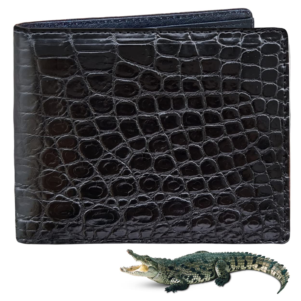 Vietnamcreations Men's Genuine Crocodiile Bifold Wallet RFID Blocking Black #8