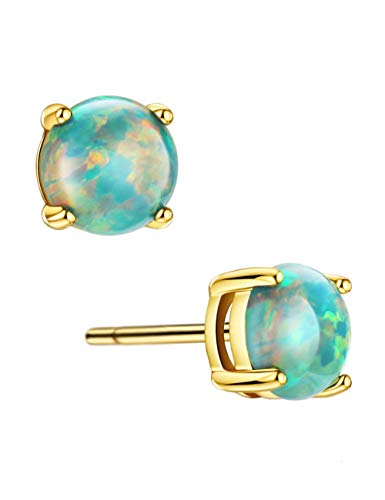 18K Gold Plated Opal Stud Earrings for Women Sterling Silver 5mm Solitaire Green Opal 4 Prongs Setting Simple Women Earrings