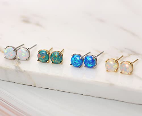 18K Gold Plated Opal Stud Earrings for Women Sterling Silver 5mm Solitaire Green Opal 4 Prongs Setting Simple Women Earrings