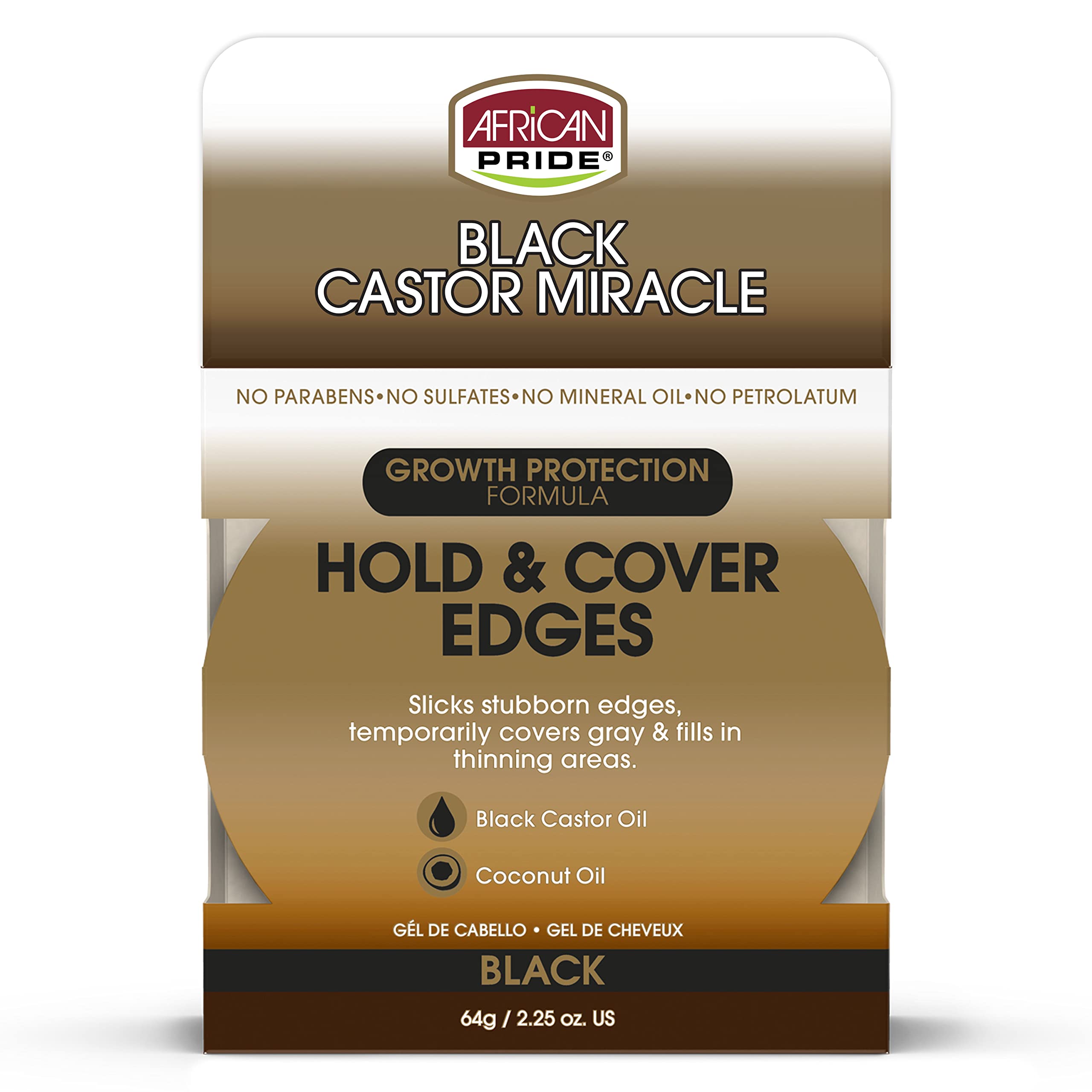 African Pride Black Castor Miracle Hold & Cover Edges - Slicks and Controls Edges, Covers Grays, Fills Thinning Areas, Contains Black Castor Oil & Coconut Oil, 2.25 oz