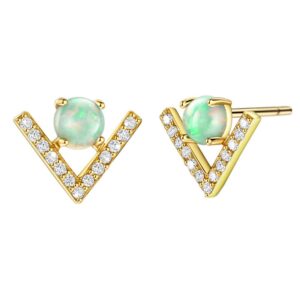 S925 18K Gold Plated Dainty Opal Stud Earrings Cubic Zirconia Chevron Accented Green Opal Sterling Silver Women's Earrings