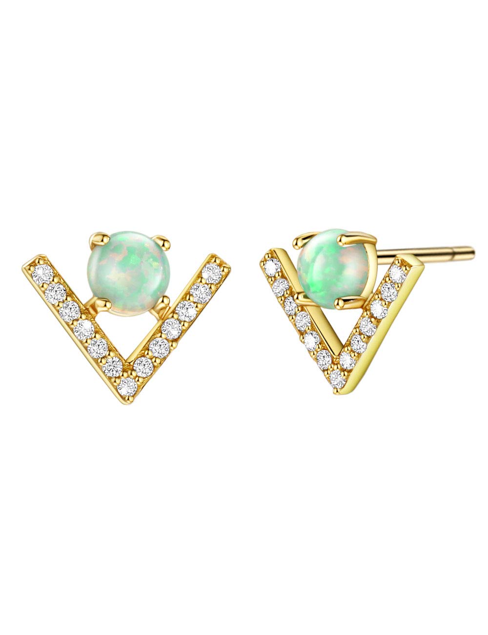 S925 18K Gold Plated Dainty Opal Stud Earrings Cubic Zirconia Chevron Accented Green Opal Sterling Silver Women's Earrings