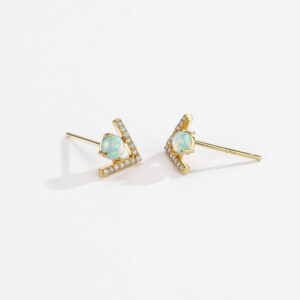 S925 18K Gold Plated Dainty Opal Stud Earrings Cubic Zirconia Chevron Accented Green Opal Sterling Silver Women's Earrings