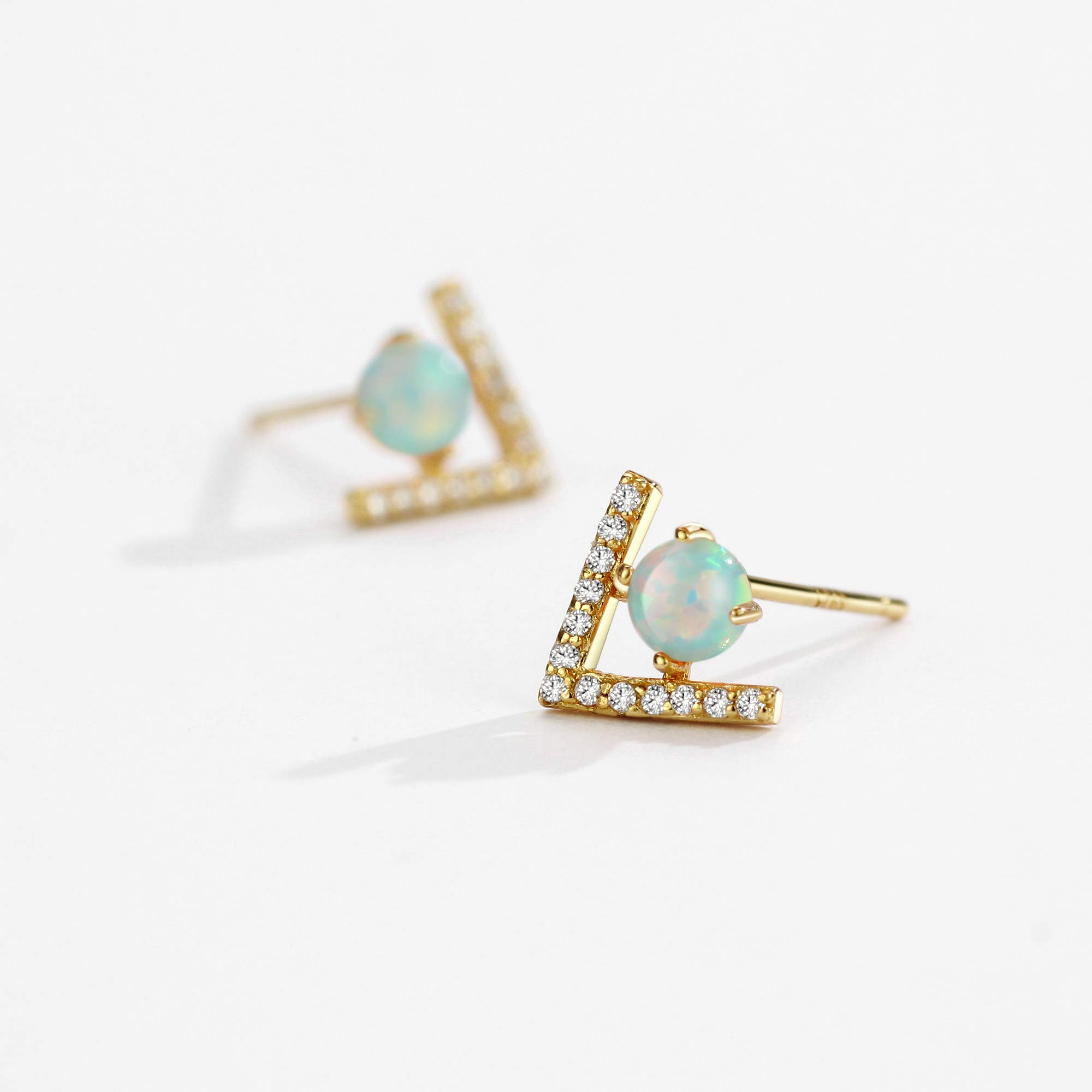 S925 18K Gold Plated Dainty Opal Stud Earrings Cubic Zirconia Chevron Accented Green Opal Sterling Silver Women's Earrings