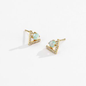 S925 18K Gold Plated Dainty Opal Stud Earrings Cubic Zirconia Chevron Accented Green Opal Sterling Silver Women's Earrings