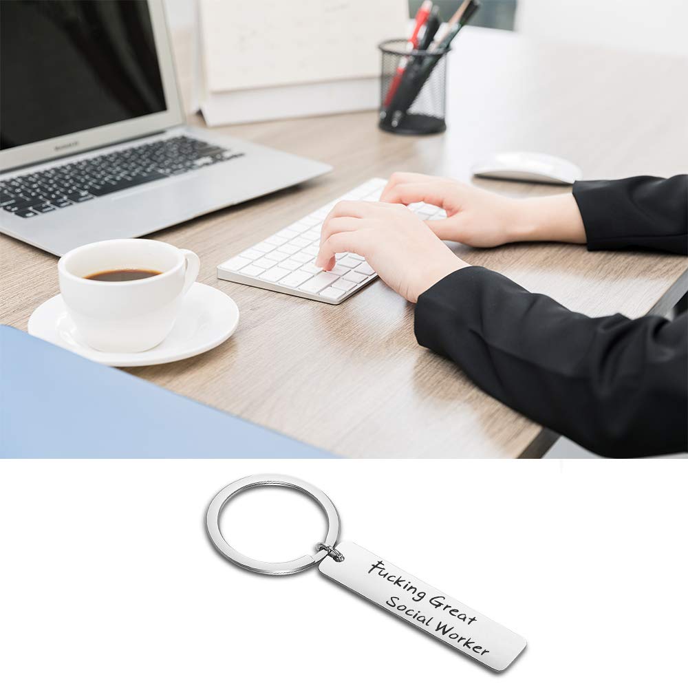 FEELMEM Fucking Great Social Worker Keychain Appreciation Gift for Social Worker MSW Graduation Gift (silver)