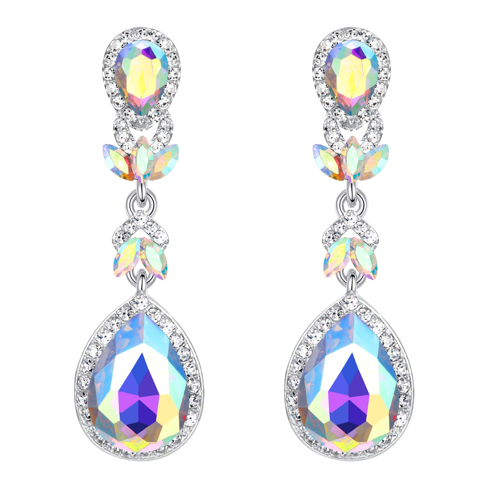 BriLove Wedding Bridal Dangle Earrings for Women Crystal Marquise Leaf Teardrop Chandelier Earrings Iridescent Clear AB Silver-Tone